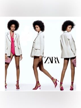 Zara seamed straight cut blazer white black stitched trim tailored Sz M NWOT